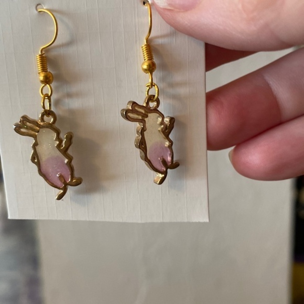 Earrings - dangle - bunnies   Gold and light pink shading